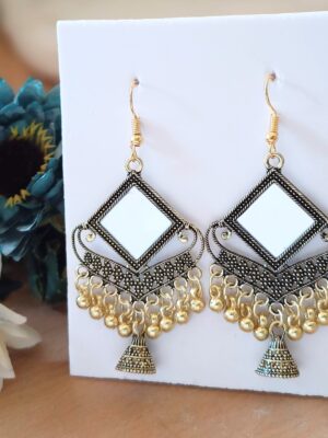 Golden Diamond Shape Mirror Drop Jhumka Oxidised Earrings