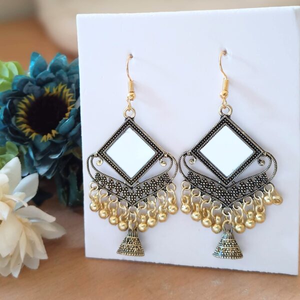 Golden Diamond Shape Mirror Drop Jhumka Oxidised Earrings